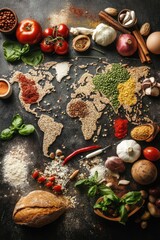 World map crafted from diverse food ingredients showcasing culinary traditions and global flavors across continents