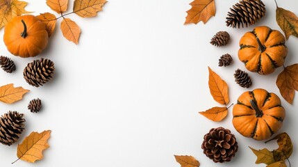 A photostock of a flat lay of autumn-themed items, including pinecones, dried leaves, and pumpkins, arranged on a white background for seasonal charm. High Quality