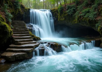 Cascading waterfall and serene pool surrounded by lush greenery in tranquil nature