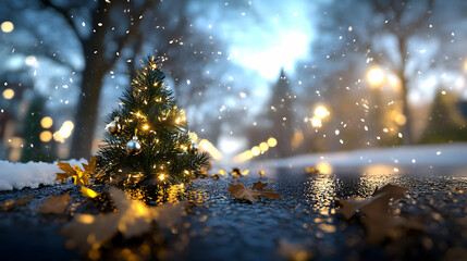 Small Christmas tree on snowy street at night, lights glowing, autumn leaves scattered; holiday greeting card or website banner