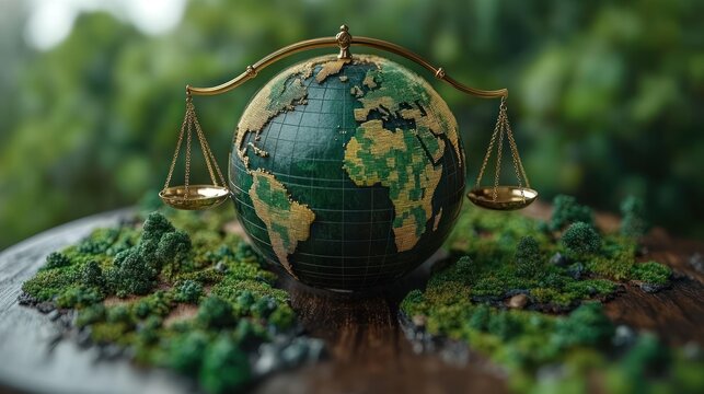 A globe balanced on scales, symbolizing environmental justice and global balance.