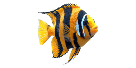 Colorful angelfish with yellow and black stripes isolated on transparent background
