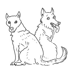 Two dogs are sitting next to each other. One of them has a tongue sticking out. The other dog is looking back. Vector hand draw illustration.