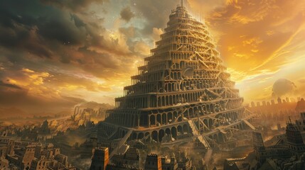 A stunning artistic depiction of the tower of babel with spiraling architecture and dramatic sky