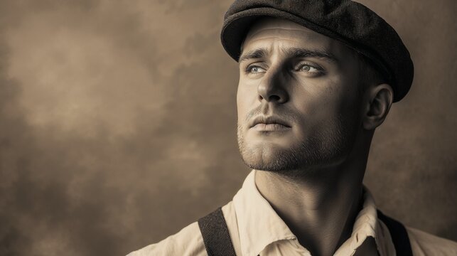 Man in vintage flat cap and suspenders on a sepia-toned background