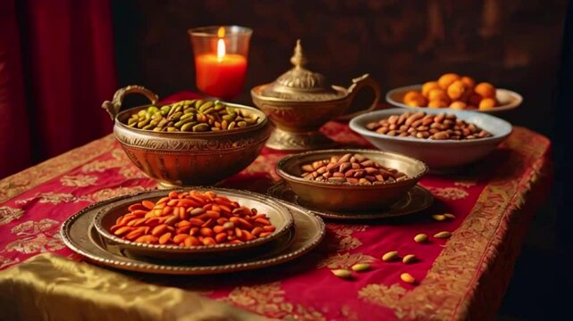 A warm table setup with orange, red, and gold hues, featuring rahat lokum in matching colors, surrounded by pistachios and almonds, 4k High-Quality background animation video