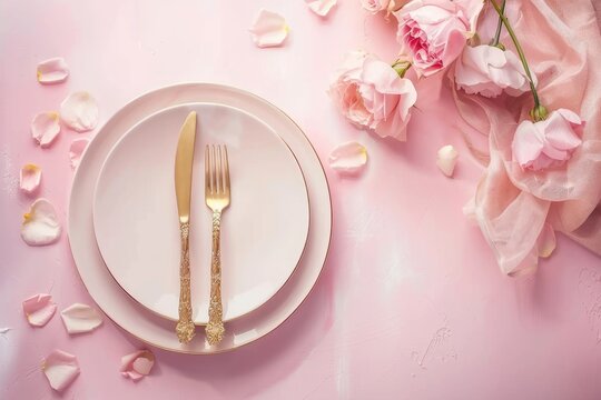 a plate, knife, fork, and spoon on a pink background. MZ