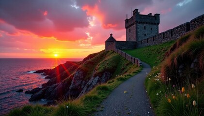 Obraz premium The dying sun paints a fiery glow across Criccieth Castle's weathered stone walls, north wales, landscape, scenery