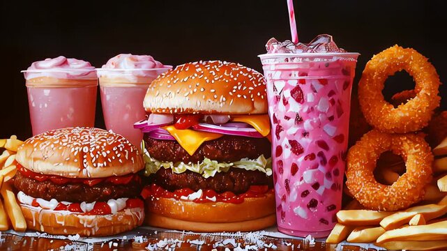 Colorful fast food bonanza: burgers, milkshakes, fries, and donuts delight in delicious display