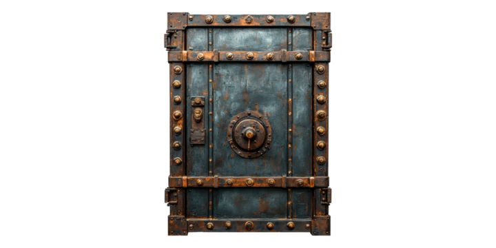 Antique metal vault door with rivets isolated on transparent background