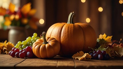 Cozy Fall Harvest with Pumpkins, Grapes, and Autumn Leaves V1