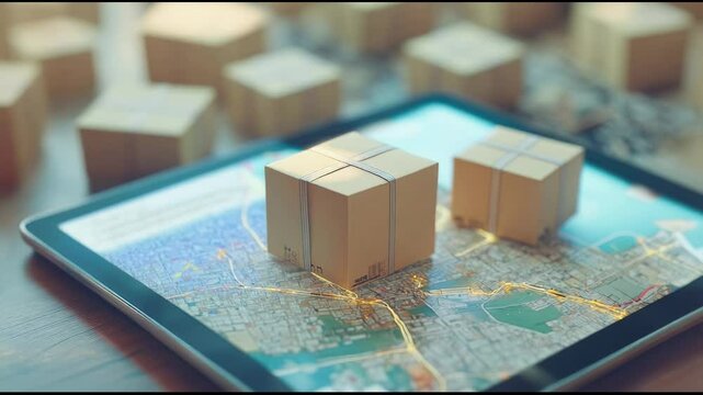 Cardboard boxes moving on a digital tablet showing a map with glowing lines, representing the concept of online shopping, e commerce, and fast delivery