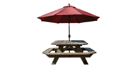 Red patio umbrella over wooden picnic table isolated on transparent background
