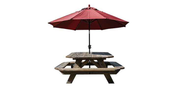 Red patio umbrella over wooden picnic table isolated on transparent background