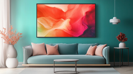 A large framed painting of a flower is hanging on a wall