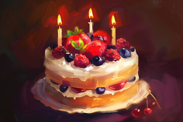 A birthday cake with lit candles, topped with fresh fruit and cream.