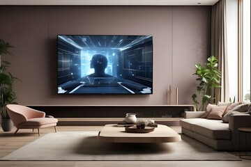 Fototapeta premium Large television in a living room. A large TV screen in an elegant living area. Artificial Intelligence