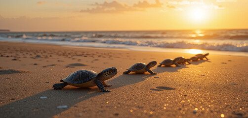 Obraz premium Baby turtles crawl across the soft sand towards the waves, illuminated by the warm glow of the setting sun on the horizon. Their journey begins at dusk