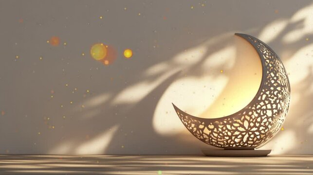 Moon and golden lantern Ramadan concept copy space greeting. Eid Al Fitr.