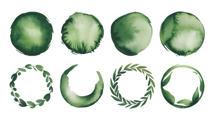 Green watercolor circles and wreaths showcasing various textures and shapes created for artistic designs and decorations in nature-inspired projects
