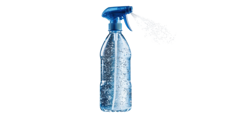 Blue spray bottle with water spraying out isolated on transparent background