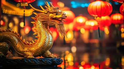 Obraz premium Golden dragon statue with blurred red lanterns in the background.