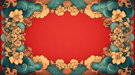 A lively and elegant background with traditional Chinese art elements. with a dark red center It is surrounded by a luxurious gold floral pattern, clouds and blue accents.