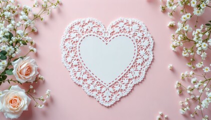 Delicate Lace Heart with Roses: Romantic Pink Floral Design