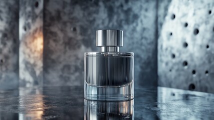 A sleek glass perfume bottle on a reflective surface, showcasing elegance and luxury.