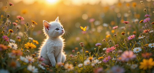 A white kitten is intently observing a butterfly amidst a colorful meadow filled with blooming flowers as the sun sets, creating a warm golden glow