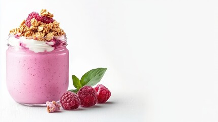 Mixed berry parfait with yogurt and granola in a glass jar, white background