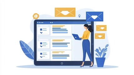 Woman Using Laptop to Manage Emails in Digital Workspace Illustration