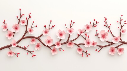 A delicate arrangement of pink cherry blossoms on a branch, showcasing their beauty against a light background.