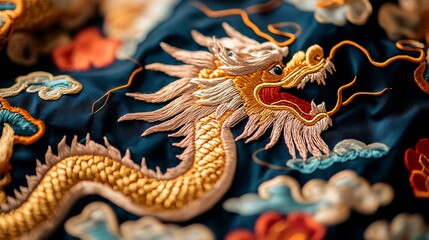 Obraz premium Embroidered dragon on dark blue fabric, intricate detail.
