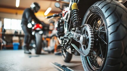 A motorcycle in a workshop, showcasing its rear tire and chain, with a mechanic working on another bike in the background.