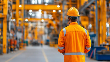 Industrial worker in safety gear observes advanced machinery in bustling manufacturing facility, enhancing production efficiency and workplace safety.