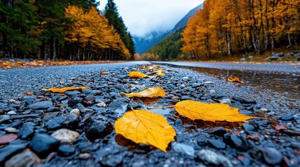 A photostock of a peaceful forest path covered with fallen autumn leaves, leading into a misty horizon, symbolizing exploration and seasonal charm. High Quality