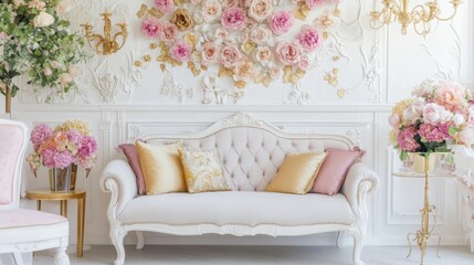 A beautifully decorated princess living room with a vintage sofa, golden accents, and fresh floral arrangements.