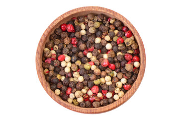 Peppercorns in a wooden bowl isolated