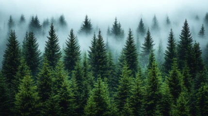 Fototapeta premium A misty forest landscape with dense evergreen trees shrouded in fog.
