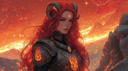 A fierce and confident warrior woman with long, fiery red hair, adorned with a ram’s horn headpiece