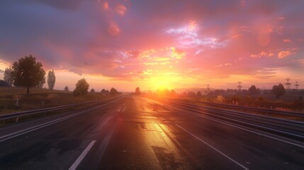Stunning sunrise over two lane highway  a serene journey with vibrant colors and warm light