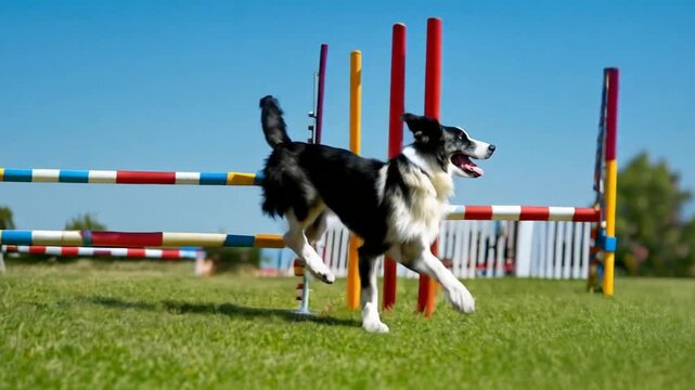 A dog performing an agility course, weaving through obstacles.