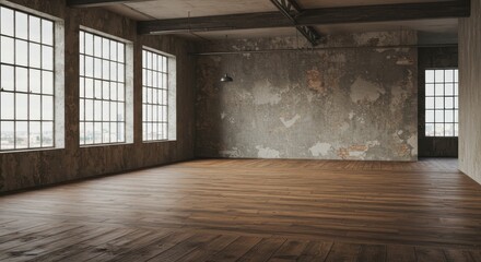 Large empty loft space, industrial interior, wooden floors, exposed concrete ceiling, multiple tall windows, natural light, spacious, urban warehouse, minimalist, rustic, open floor plan, sunlit room,