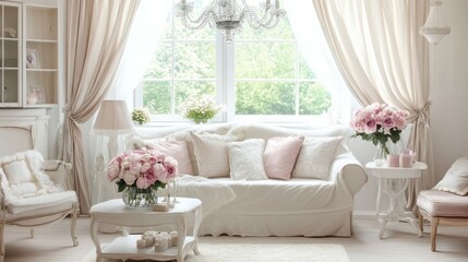 A bright and cheerful princess living room with pastel decor, charming floral arrangements, and a glass chandelier.