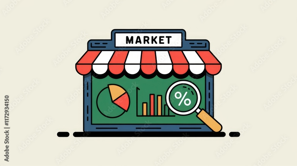 Poster market analysis visualized with charts, graphs, and a magnifying glass focusing on percentage.