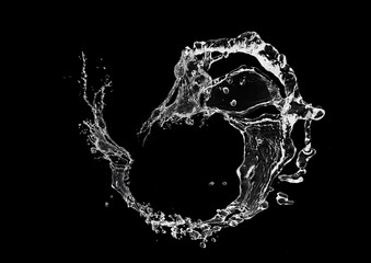 黒い背景にカーブした透明な波と水しぶきの3Dイラスト