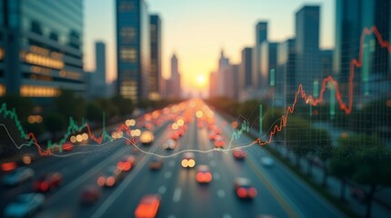 Urban Skyline with Stock Market Overlay at Sunset