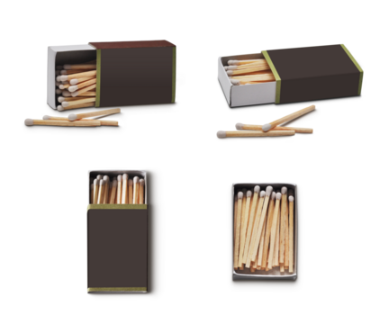 vintage matchboxes containing white matches on png transparent background.