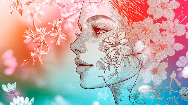 Artistic profile of a woman with intricate floral line art and vibrant gradient background